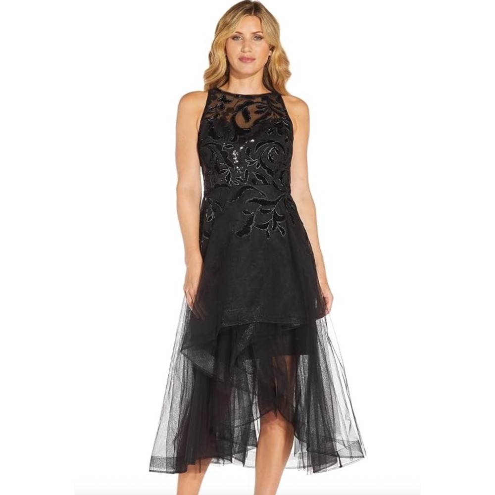 Adrianna Papell High-Low Black Velvet Sequin Dress Womens 12 Excellent Tulle